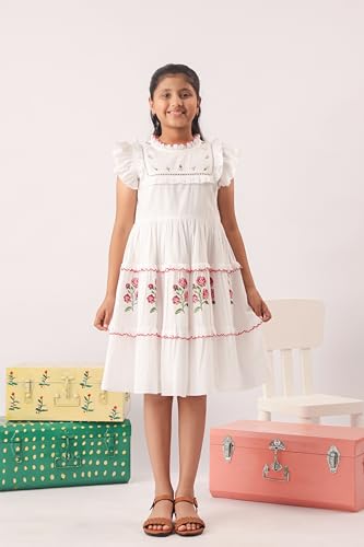 Image of Kids Girls Printed Embroidered Fusion Dress | Handmade Crafted Designer Ethnic Wear | 100% Cotton