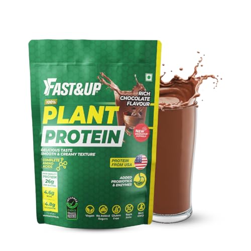 Fast&Up Plant Protein Powder with Rich Chocolate Flavour | Pea Isolate & Rice Protein | 26gm Protein Per Serve | Complete Amino Acids with 4.6g BCAA | Smooth & Tasty with No Added Sugar | Easy to Digest | Tested & Certified, 500 Grams