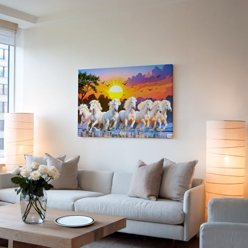 Image of 7 Horses Painting - 24 x 36 Inch Rising Sun Canvas Painting for Wall Decoration | 400 GSM Canvas with Pine Wood Frame | Seven Horse Vastu Wall Decor for Living Room, Office & Bedroom