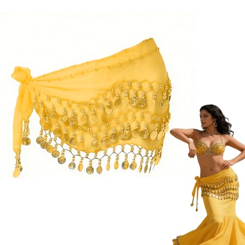 Dam magdansbälte, danstyg med mynt för magdans, chiffong höftduk, magdans, myntduk, magdans kostym, höftduk, magdans, myntbälte, dansklänning, magdans, kostym, 1 styck, GUL, one size