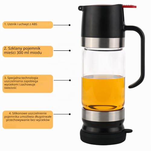 bssmmai Dozownik miodu ze szkła zapobiegającego kapaniu, dozownik na miód z pompką, dozownik na miód 300 ml, uchwyt na miód (czarny)