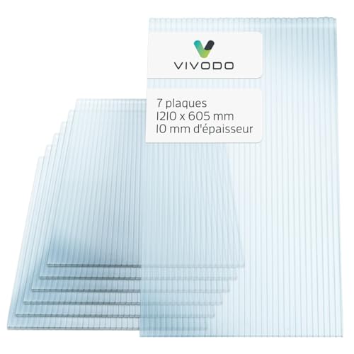 Vivodo plaque polycarbonate 10mm | 605 x 1210 mm - lot de 7 plaques | polycarbonate transparent | résistant aux UV | plaque polycarbonate pour serre jardin