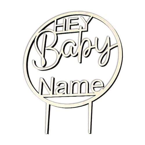Babyparty Cake Topper "Hey Baby" personalisiert mit Name des Neugeborenen aus Holz gelasert Ø 13,5cm - Lieferung in 1-2 Tagen DE