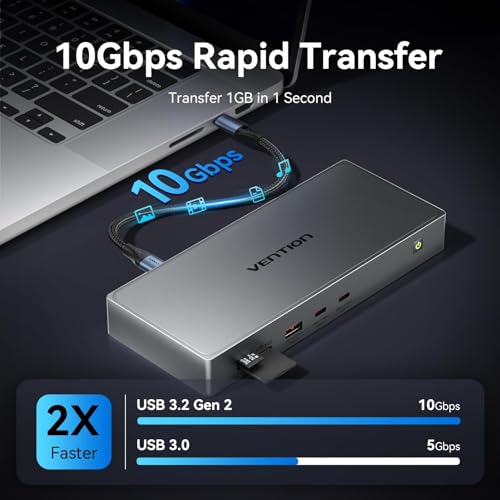 VENTION USB C Docking Station Dual Monitor 4K@60Hz, 11-in-1 DisplayLink Dock for MacBook Pro/Air/Mini M1/M2/M3/M4, Laptop Docking Station with 10Gbps USB A/C, HDMI, DP, PD 100W, SD/TF, RJ45 - Image 4