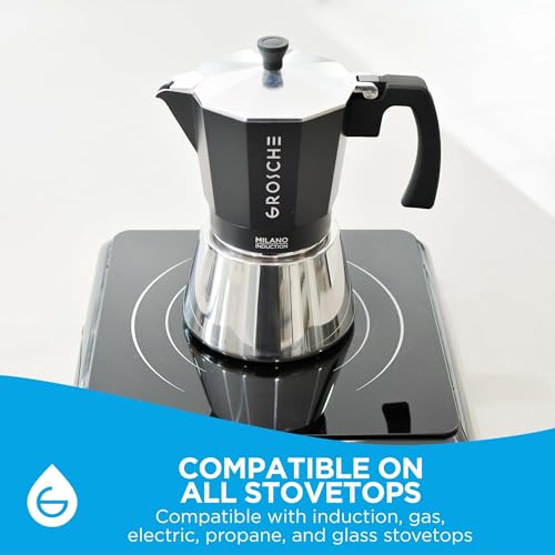 Image of GROSCHE Milano Induction Stovetop Espresso Maker Moka Pot for Greca, Induction, Electric & Gas Stoves, Dishwasher Safe Stovetop Espresso Maker | 9 Espresso Cup, Black
