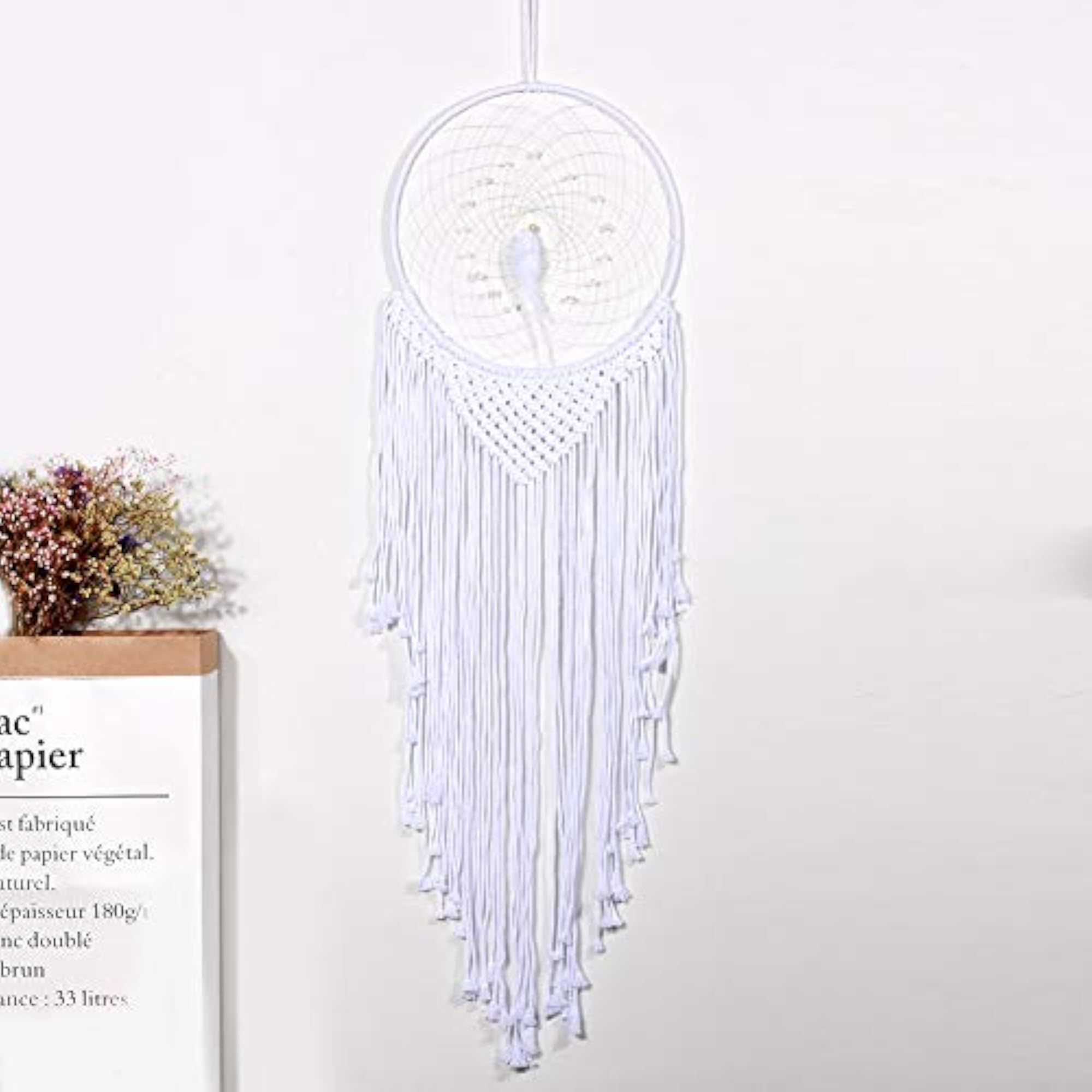 Large Boho Dream Catcher with White Feather, Macrame Decor