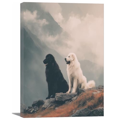 Toile deux chiens en montagne pour décoration murale amusante gris 40x60