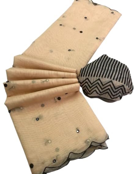 Image of Linen Cotton Saree with Black Mirror Work | New