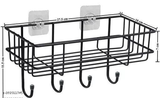 Image of Bathroom Rack - Bathroom Shelves - Kitchen Storage - Multipurpose Rack and Shampoo Holder with 4 Hook - Adhesive Shower Caddy Metal Shelf Without Drilling (Black)
