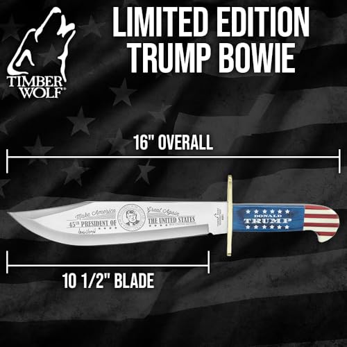 Timber Wolf Limited Edition Trump Bowie Knife | 10 1/2" Full Tang Stainless Steel Blade | Brass Handguard | Premium Leather Belt Sheath | 16" Overall