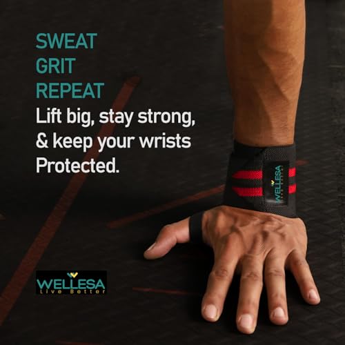 Image of Wellesa Wrist Support for Gym Workout | Wrist Band for Pain Relief & Weight Lifting | Wrist Wrap for Men & Women | Wrist Brace | Gym Accessories | One Size (Red 2 Line)
