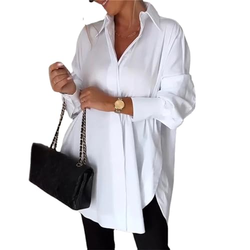 AMOUSD Weißes Hemd für Damen, mit Revers, Schlitz, Oversize, Button-Down-Shirt, Übergröße, langärmelig, lässig, knitterfrei, weiß, X-Large