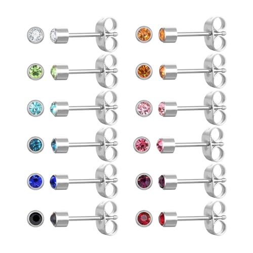 12 Pairs Surgical Stainless Steel Cubic Zirconia Birthstone Stud Earrings, Gold Plated Heart Star Round Multicolors Stud Earrings Set for Women