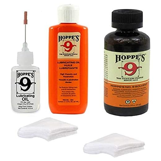 Hoppes 9 Elite Gun Cleaning kit - Gun Bore Cleaner and Lubricant Oil with 14.9 ML Precision Lubricator and 25-40 Patches for .38, 9mm.40.44 and .45 Caliber