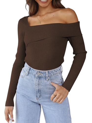 Image of LILLUSORY Womens Off the Shoulder Sweaters Going Out Fall Top | Flattering ribbed knit bodycon pullover for date night. Chic asymmetric neckline. Stretchy holiday party clubwear clothes