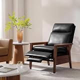 HULALA HOME Genuine Leather Recliner with Solid Wood Frame, Mid Century Modern Push Back Recliner Armchair with Adjustable Backrest and Footrest, Comfy Home Theater Seating Reclining Chair, Black