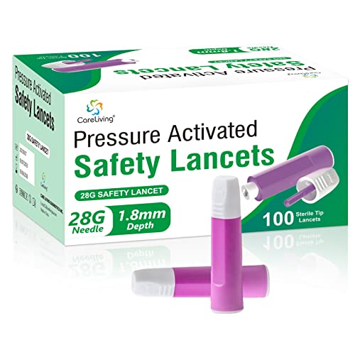 CareLiving Safety Lancets, Sterile, Pressure Activated, 28 Gauge Needle, 1.8 mm, 100 Count, Single-Use, Gentle for Comfortable Testing