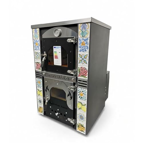 Stufa a Legna Termo ventilata con Forno - Esmeralda Maioliche di Caltagirone - Potenza Riscaldamento 25 Kw, Stufa A Legna Economica in Acciaio Verniciato Antracite, Forno in Mattoni Refrattari