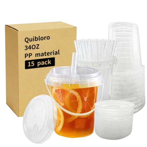 34oz 15pack Plastic Cups with Lids and Straws Jumbo Disposable Drink Cups with Lids Perfect for Lemonade Iced Coffee & Fruit Drinks at Summer Parties Beach Picnics & Poolside