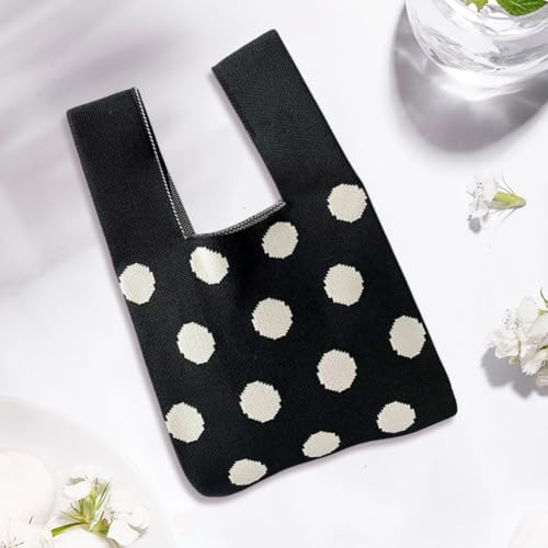 Bolso de muñeca tejido con estampado de lunares para mujer, color negro, estilo polka dot, pequeño y práctico, ideal para compras diarias o como regalo miniatura 7