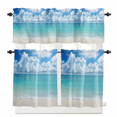 Ocean Blue Kitchen Curtains 24 Inch Length, 3 Piece Rod Pocket Small Half Tiers and Valance Set, Beach Nature Coast Sea Shore Sky Seawater Small Large Window Treatment Decor for Bedroom/Bathroom Sink