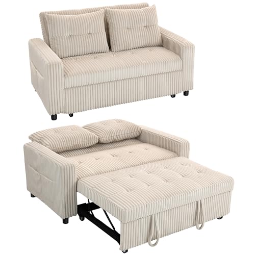 HOMCOM Schlafsofa, 2-Sitzer Sofa 157 x 190 cm mit Schlaffunktion, Verstellbare Rückenlehne, Couch mit Kissen, Kordoptik, Schlafcouch mit Seitentasche für Wohnzimmer, Cremeweiß