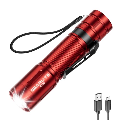 GEARLITE Taschenlampe LED Aufladbar, Superhelle Zoombare 2000 Lumen Mini Taschenlampen, 3 Modi, Lange Laufzeit, IP65 Wasserdicht Taktische Handlampe für Kinder Camping, Angeln, Notfall, Outdoor - Rot