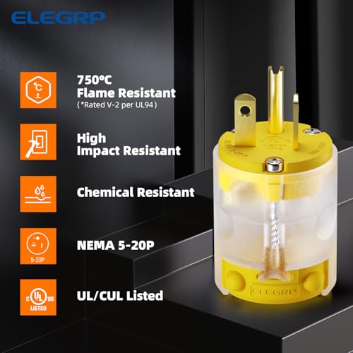 ELEGRP Lighted 20 Amp 125 Volt NEMA 5-20P 2 Pole 3 Wire Grounding Straight Blade Electrical Plug Replacement Cord Outlet Commercial Grade, Yellow, 5 Pack by ELEGRP - Image 2