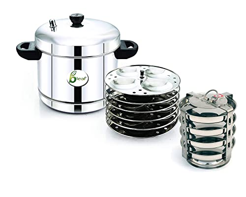 Image of BLeaf Stainless Steel - Idli cooker (Induction & Standard) with Regular Idli Stand /Idli Plates (6 Plates, 24 Idlis) (Idli Cooker with 6 Regular Idli Plates with 4 Plates Thatte Idli Stand)