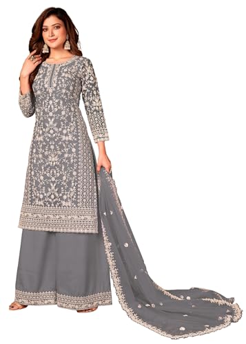 FASHION BAZAR 365 FB365 Indian Net Fabric Cording Whiyte Thread Work Party Wear Suit 18424 (Grey, 44)