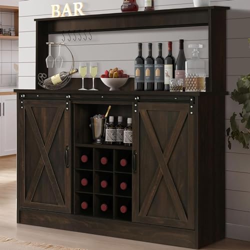 4ever2buy Farmhouse Coffee Bar Cabinet with 6 Hooks, 47” Liquor Wine Bar Cabinet with 9 Wine Racks, Kitchen Buffet Storage Cabinet with Adjustable Shelves for Living Dining Room, Dark Oak