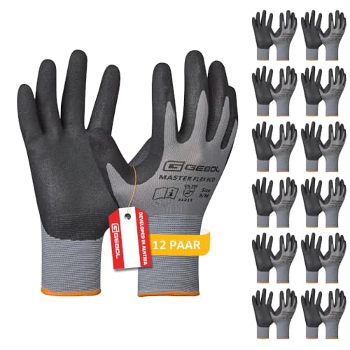 Gebol Master Flex Eco, 12 Paar Arbeitshandschuhe für Werkstatt & Garten, atmungsaktive Nitrilhandschuhe für Herren mit Schutz vor Öl & Nässe, L (Gr. 9)