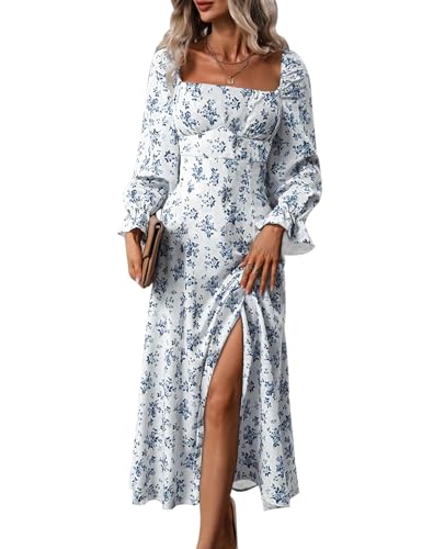 Image of Relipop Women's Floral Puff Long Sleeve Maxi Dress Casual Square Neck Flowy Boho Split A Line Dresses