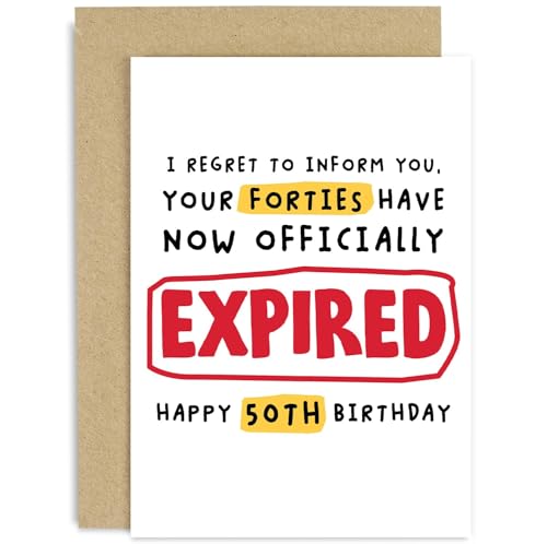 Old English Co. Funny 50th Birthday Card for Him or Her - Expired Forties - Hilarious Fiftieth Birthday Gift - Funny Birthday Card for Men Women | Blank Inside