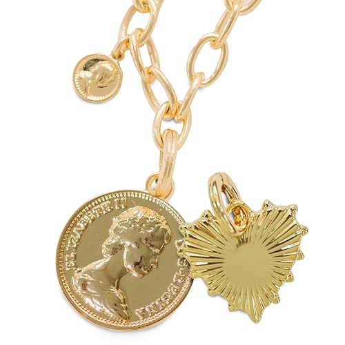 Harper Meyers Gold Medallion Necklace & Sunburst Heart Charm Bundle – Bold Statement Jewelry for Women – Interchangeable Gold Pendant & Heart Charm – Elegant Necklace Gift for Any Occasion