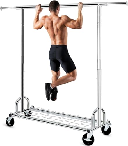 Yunking Heavy Duty Clothes Rack, Rolling Clothing Rack with Shelves Load 620 LBS, Double Rod Clothing Racks for Hanging Clothes, Portable& Adjustable (1-Heavy Duty Rack)