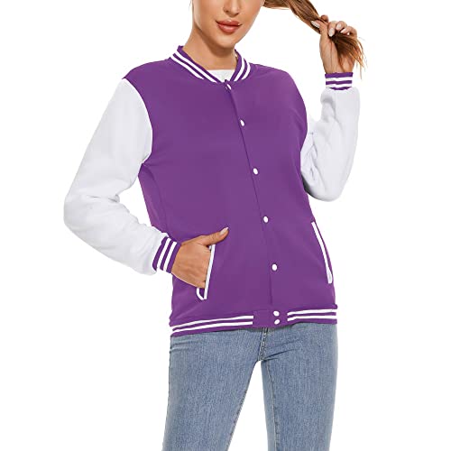 Varsity Jacket Women Men's Baseball School Uniform Button Up Unsex Adult Long Sleeve Coat Fashion Jacket (Purple,Xxl,Xx-Large) #TOP1