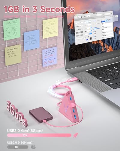 JoyReken USB C Hub, Type C to 4 USB 3.0 Ports with 2 FT Extension Cables,Thunderbolt to USB Hub Adapter for iPad Pro/Air, MacBook Pro, Mac mini, iMac, Surface,XPS, Mouse, External Hard Drives(Pink)