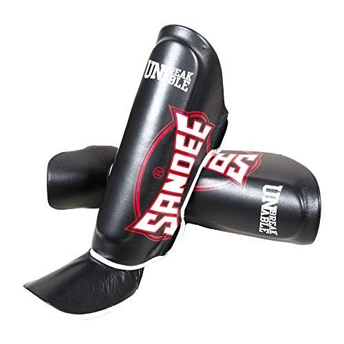 Protège Tibias Muay Thai Sandee Noir en Cuir Taille L pour Adultes