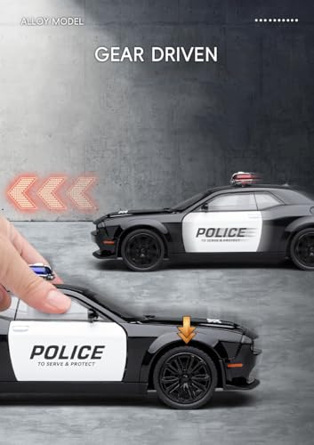 Image of Dodge Challenger Police 1:24 Diecast Metal Car - Openable Doors, Sound&Light, Pull Back Action,Collectible Toy Car for Kids - Durable & Realistic Model Collectors Police, Black