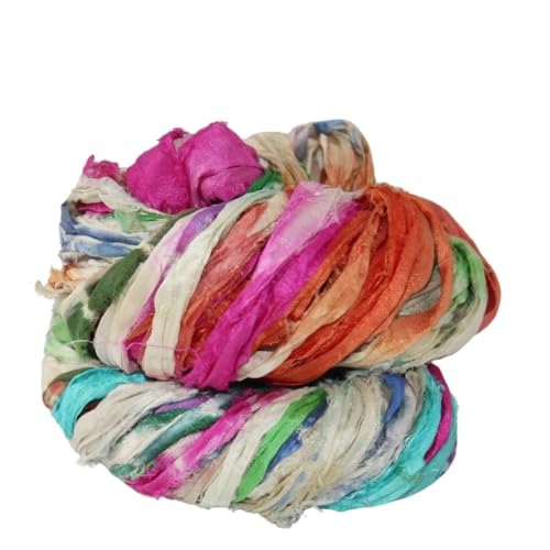 Knitsilk Ruban de soie Shibori Sari recyclé - Idéal pour la fabrication de tapis, le crochet, le tricot, la broderie et la fabrication de bijoux - Fil à...