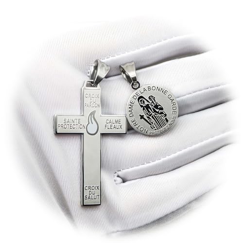 MERCILIA MEISHILAI 1 par católica Marie Julie Jahenny de Benedicción con cruz de perdón de protección con llama esmaltada blanca y medalla de Nuestra Señora de la Buena Guardia, cruz del perdón