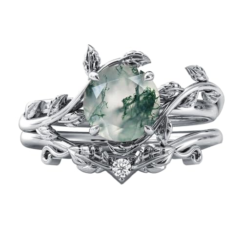 Seiyang Natural Moss Agate Ring 925 Sterling Silver Green Round Moss Agate Ring Set Promise Ring Engagement Wedding Jewelry Gift for Women #9