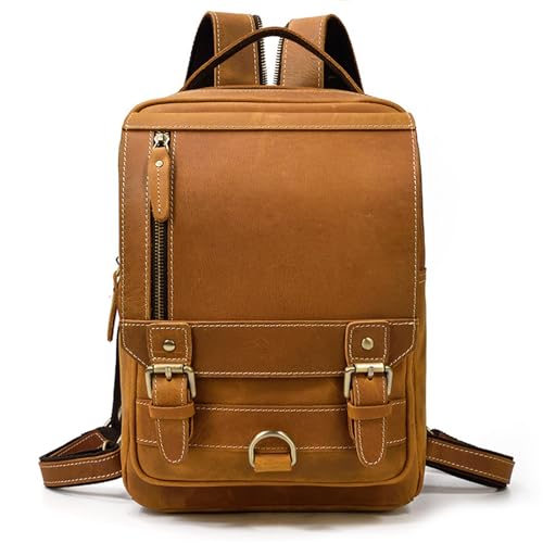 Mens Backpack Men's Shoulder Bag Leather Student Backpack Outdoor Travel Chest Bag for Camping Outdoor Sport,Light Brown-32x23x10cm