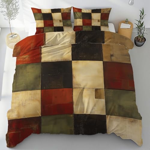 Housse de couette 140x200 patchwork rustique vintage avec sa taie d'oreiller assortie en microfibre