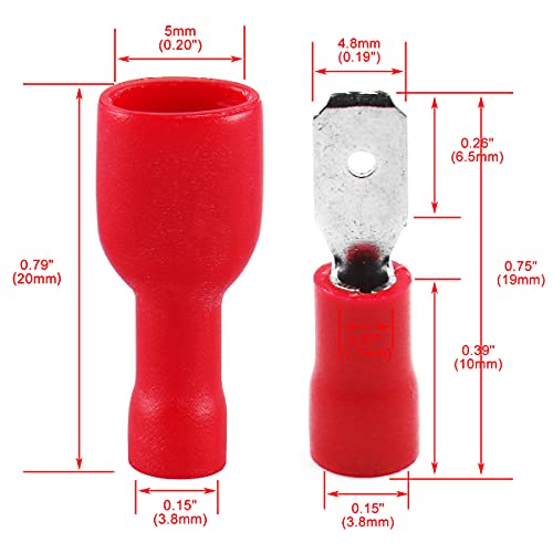 Baomain Red Female/Male Insulated Spade Wire Connector Electrical Crimp Terminal 22-16 Awg 4.8 X 0.5Mm Pack Of 100 #TOP5