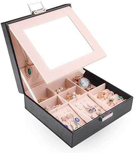 Tikea Jewellery Box Organiser for Women Girls, 2 Layers Earrings Organiser with Mirror, PU Leather Jewellery Box 39 Slots Display Storage Case for Earrings Rings Necklaces Bracelets, White