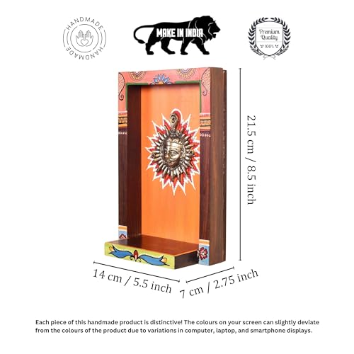 Image of AAKRITI ART CREATIONS Divya Wall Decor Orange Frame with Brass Sculpture of Surya Dev | Dhokra Art, Matte Finish | Wooden & Dhokra Wall Shelf Decor for Home