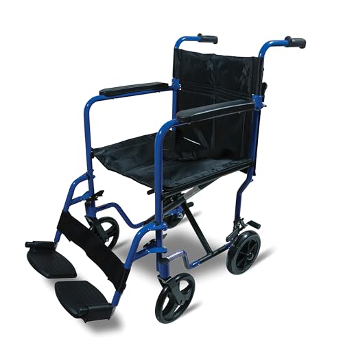 Aluminium Travel Transit Chair – Lightweight Foldable Wheelchair with Padded Armrests and Adjustable Footrests (Blue)