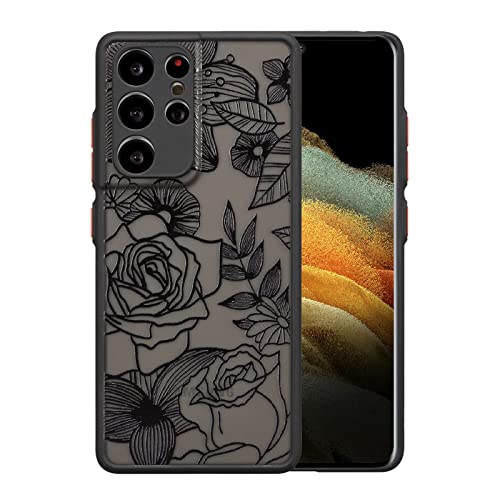 XIZYO Case for Samsung Galaxy S21 Ultra, Frosted Translucent Rose Floral Flower Pattern Shockproof Cover, Soft TPU Bumper Protective Phone Case, Black